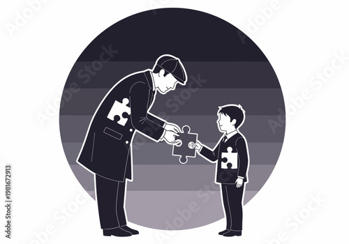 Conceptual Illustration of Mentorship and Legacy Showing Father Handing a Missing Puzzle Piece to His Son