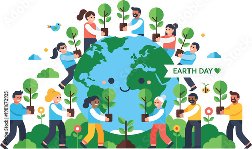 A diverse group of people planting trees around a smiling Earth globe, celebrating Earth Day and promoting environmental protection and community effort.
