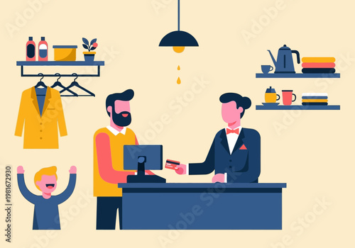 Flat Vector Illustration of a Customer Paying with a Credit Card at a Retail Counter, Boutique Shop, or Hotel Reception with Clerk and Happy Child