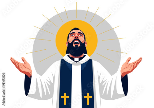 Bearded Priest Praying with Arms Raised and Halo Light - Religious Faith and Worship Vector Illustration