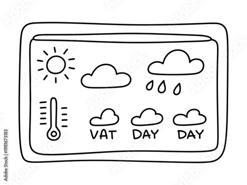 Simple hand drawn weather forecast display with sun cloud rain and temperature gauge icons