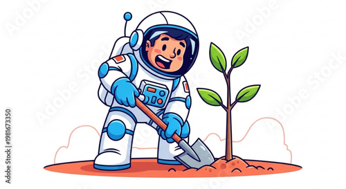 Astronaut planting a tree on alien planet concept of space exploration and new beginnings vector illustration