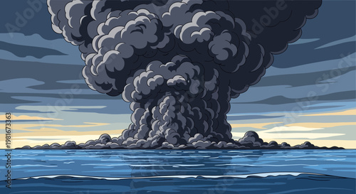 Massive dark smoke plume erupts from ocean surface, dramatic cloudy sky