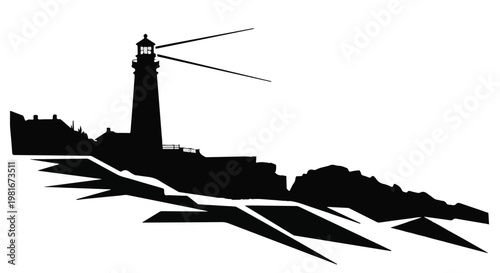 Lighthouse stands on a jagged cliff edge emitting a guiding beam of light across the ocean to symbolize maritime safety and navigation for sailors navigating during dark stormy nights.