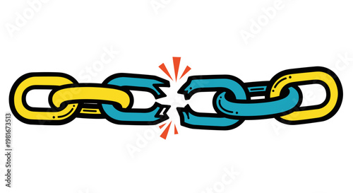 Broken Chain Link Vector Illustration, Colorful Flat Design Graphic Representing Disconnection, Failure, or Security Breach Concept for Digital Security and Business