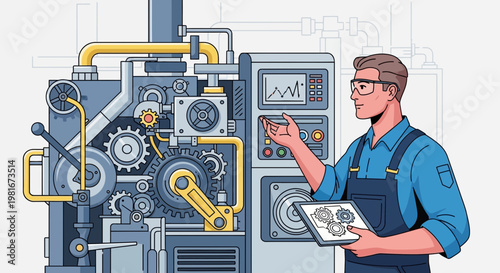 Engineer inspecting complex machinery with digital tablet in factory setting