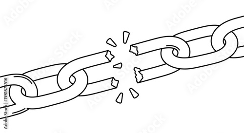 Broken Chain Link Vector Illustration, Minimalist Black and White Line Art Graphic for Concepts of Failure, Weakness, or Freedom from Constraint