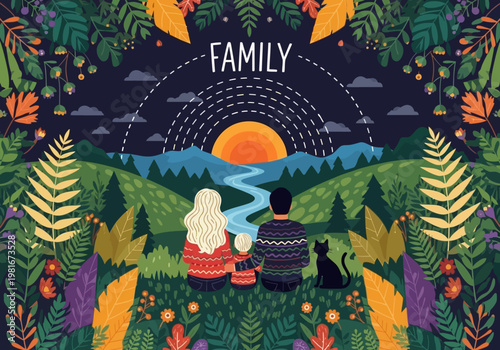 Картината върху платно Happy Family and Pet Cat Watching Sunset over Mountains, Folk Art Style Illustra