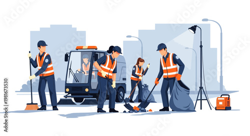 City Sanitation Workers Cleaning Street with Sweepers and Truck