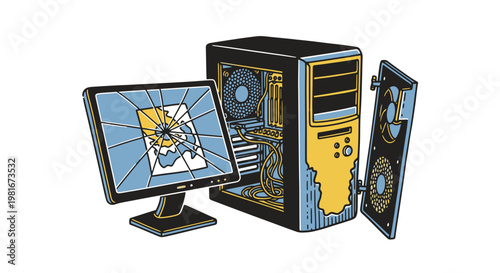Broken Computer Hardware and Cracked Monitor Screen Vector Illustration, Vintage Style Graphic Design for IT Repair and Tech Maintenance Services Concept