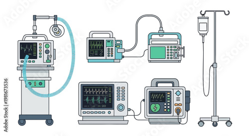 Medical Equipment Set: Ventilator, Monitor, Defibrillator, IV Stand - Medical Technology Icons