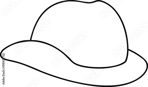 Stylish black outline drawing of a classic fedora hat with a wide brim