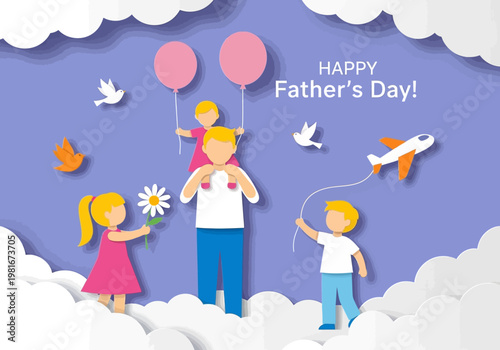 Happy Father's Day Greeting Card in Paper Cut Style with Father and Three Children Celebrating Together in a Dreamy Sky with Balloons and Flowers