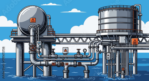 Offshore Oil Platform with Industrial Tanks and Pipelines in the Ocean, Blue Sky