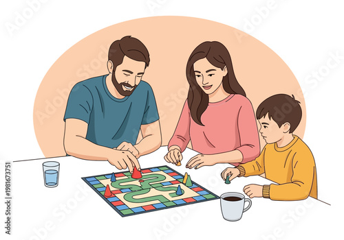 Happy family playing board game together at home vector illustration. Mother, father and son enjoying indoor activities and quality time.