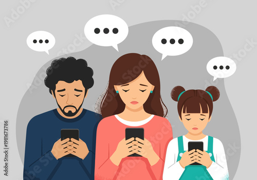 Sad Family Addicted to Smartphones - Concept of Digital Addiction, Social Isolation, and Lack of Communication in Modern Technology Era