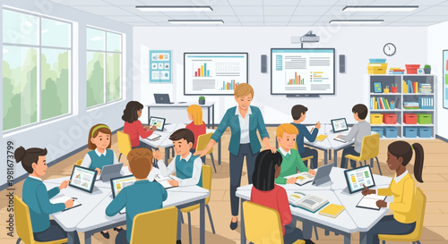 Modern Classroom with Students Using Tablets and Interactive Whiteboards