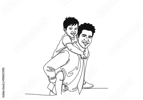 Minimalist One Line Drawing of Father Giving Son a Piggyback Ride, Fatherhood and Happy Family Bonding Concept Illustration