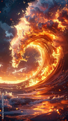 Fiery Ocean Wave at Sunset with Dramatic Clouds and Glowing Light