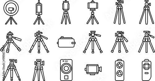 Photography videography equipment outline icons tripods cameras smartphones vector illustration representing content creation media production creativity technology 