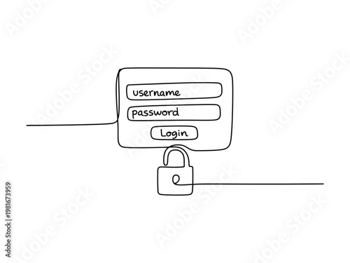 Simple line drawing of login form with username password and lock for security authentication process online  security concept