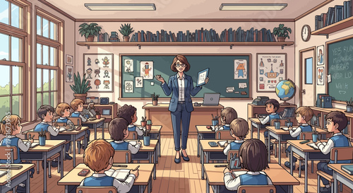 Teacher leading class in pixel art style, students attentive in classroom setting