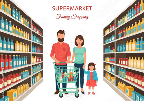 Happy Young Family Shopping Together in Supermarket Aisle with Cart, Vector Illustration of Parents and Child Buying Groceries in Retail Store