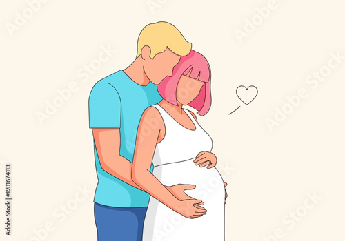 Loving Expectant Couple Illustration, Pregnant Woman with Pink Hair and Husband Hugging, Maternity and Parenthood Concept Flat Vector