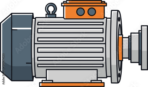 Vector illustration of industrial electric motor with cylindrical body, cooling fins, shaft, orange terminal box, and base plate.