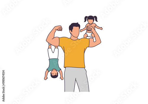 Strong Muscular Father Flexing Biceps with Kids, Super Dad Concept Illustration, Powerful Male Figure Holding Daughter and Son, Family Strength and Protection