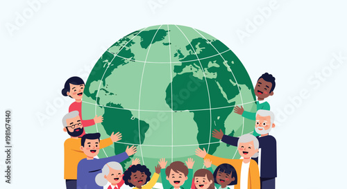 A diverse group of people from different ages and ethnicities embracing a large green globe, symbolizing global unity, diversity, and environmental care.