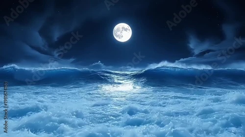 A full moon glows over crashing waves in a cinematic blue midnight sea landscape.
