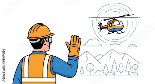 Construction Worker Waves Goodbye to Helicopter Flying Over Mountains