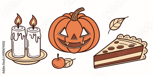 Autumnal still life featuring a jack o lantern candles and pie