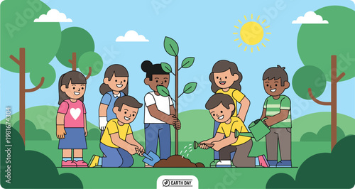 A diverse group of happy children actively participating in planting a young tree in a sunny park, promoting environmental care and teamwork.