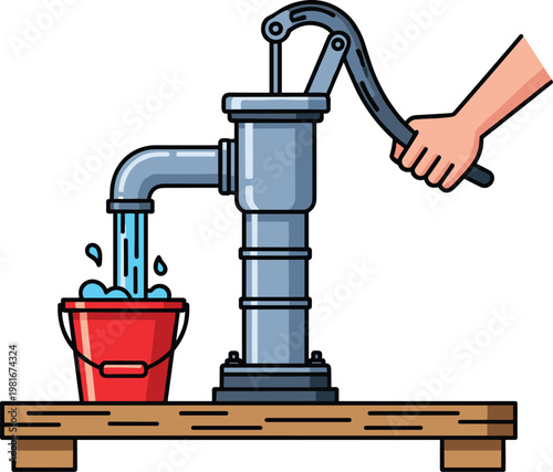 Hand operated water pump with bucket flowing stream vector illustration representing rural utility tradition sustainability heritage freshness