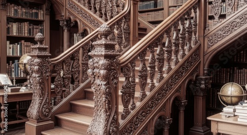 Exquisite Ornate Wooden Staircase with Intricate Hand-Carved Details and Bookshelf Backdrop