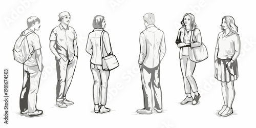 A collection of six diverse individuals standing and facing different directions
