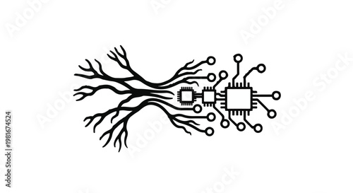 Microchip circuitry branching out like organic tree roots represents the convergence of biological systems and advanced digital technology in a conceptual exploration of future artificial.