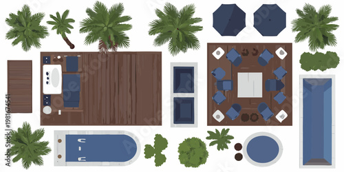 Aerial view of a resort layout with pools trees and furniture