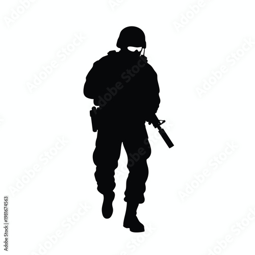 Silhouette of a Modern Soldier in Tactical Gear Holding a Rifle