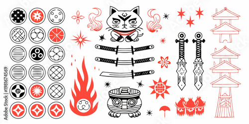Japanese themed tattoo flash sheet with samurai kitsune and traditional symbols