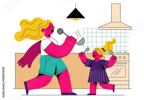 Mother and Daughter Singing and Dancing in the Kitchen, Fun Family Bonding Activity, Vibrant Flat Vector Illustration