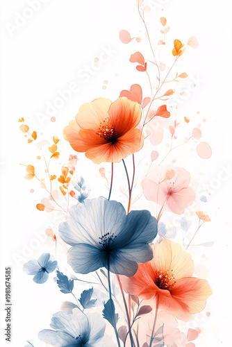 Artistic Watercolor Flower Painting with Soft Blue and Red
