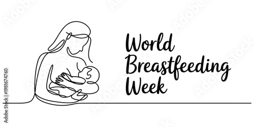 A single line art drawing of a mother nursing her infant to commemorate world breastfeeding week Vector, illustration