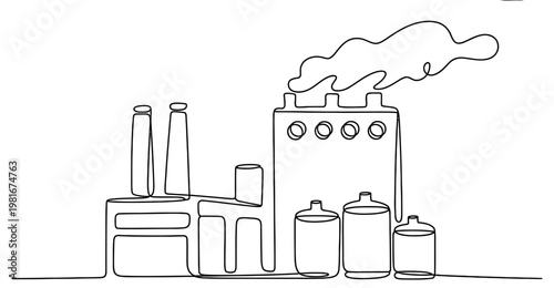 A single continuous line drawing of a factory building releasing smoke into the atmosphere air. Vector, illustration