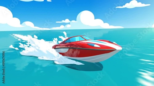 A red and white speedboat racing across turquoise water with a blue sky and fluffy white clouds in the background.