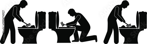 Three black silhouette figures cleaning toilets with brushes and soap suds bathroom hygiene sanitation