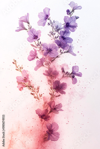 Purple and pink flowers dissolving into a colorful powder