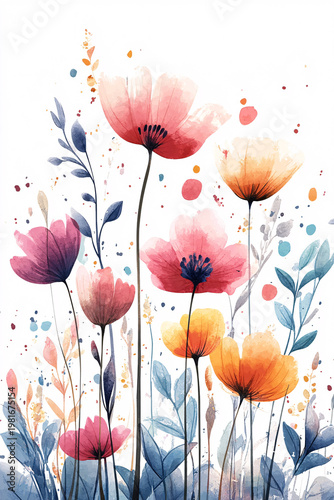 Abstract Floral Illustration of Colorful Spring Poppies
